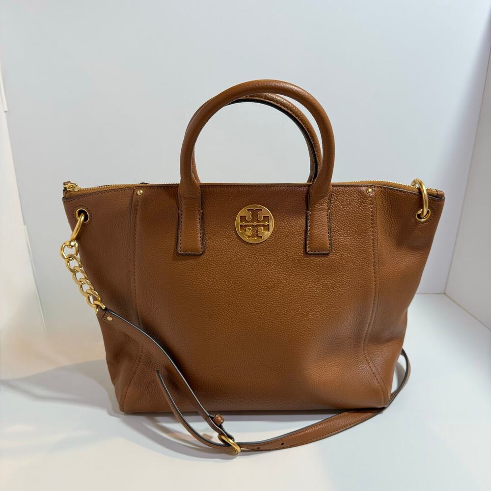 Tory Burch Evelyn Brown Leather Gold Chain Tote Bag Crossbody Top Handle Satchel
